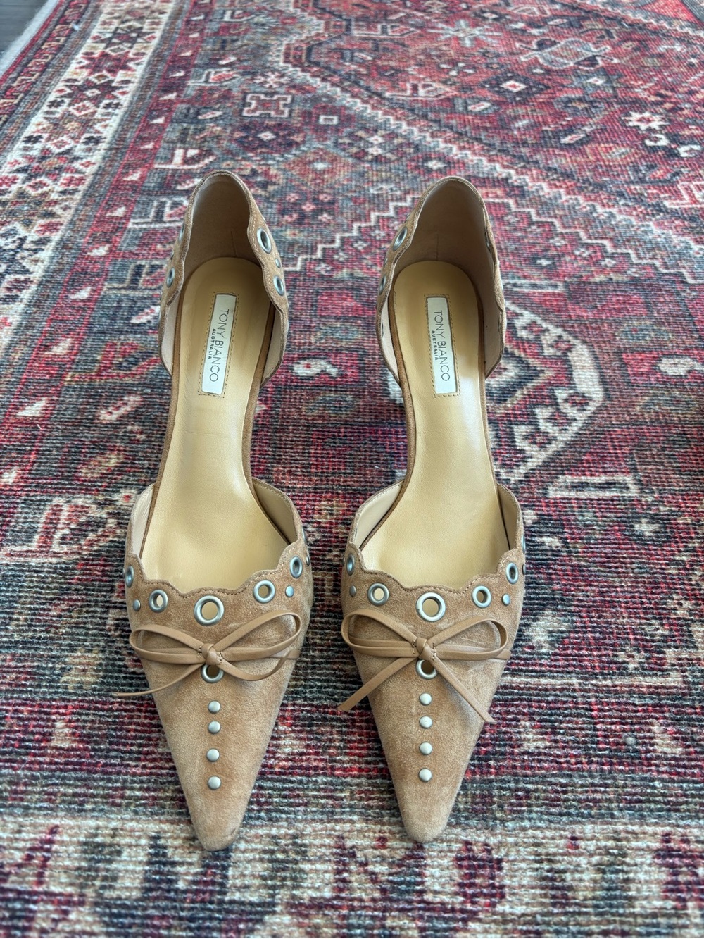 Tony Bianco Tan Suede Pointed Toe Pumps with Grommet & Bow Detail